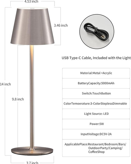 Cordless Rechargeable Table Lamp Set of 2, 5000mAh Battery Powered LED Desk Lamps, 3 Color Stepless Dimming Up, Portable Table Light Lamp for Bedroom Restaurant Outdoor (Brushed Nickel) - LeafyLoom