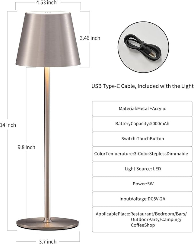 Cordless Rechargeable Table Lamp Set of 2, 5000mAh Battery Powered LED Desk Lamps, 3 Color Stepless Dimming Up, Portable Table Light Lamp for Bedroom Restaurant Outdoor (Brushed Nickel) - LeafyLoom