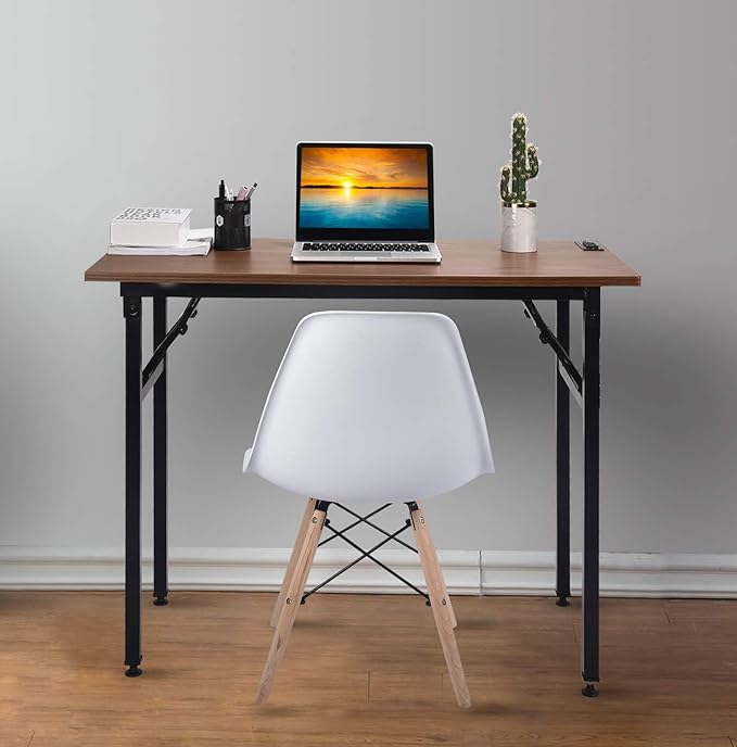 Frylr Small Folding Computer Desk 31.5''LX 15.7''X 29'' with 2 Power Sockets and 2.1A USB Charging Ports, Home Office Desk Portable Writing Desks for Small Space, Foldable Desk, Walnut - LeafyLoom