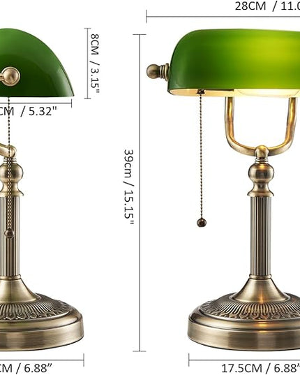 Newrays Green Glass Bankers Desk Lamp with Pull Chain Switch Plug in Fixture - LeafyLoom