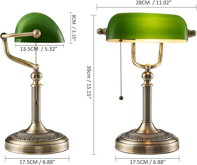 Newrays Green Glass Bankers Desk Lamp with Pull Chain Switch Plug in Fixture - LeafyLoom