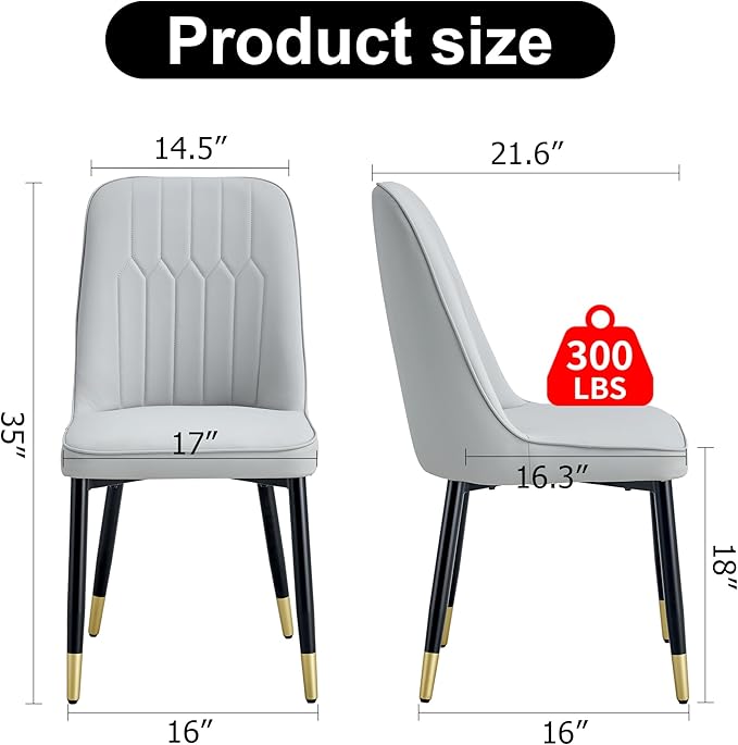 Modern Dining Chairs Set of 4, Faux Leather Dining Room Chairs PU Upholstered Gray Kitchen Chair with Black Golden Metal Legs for Home Living Room, Restaurant - LeafyLoom