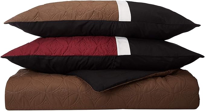 Chezmoi Collection Upland 7-Piece Quilted Patchwork Comforter Set, Burgundy/Black/Brown, Queen - LeafyLoom