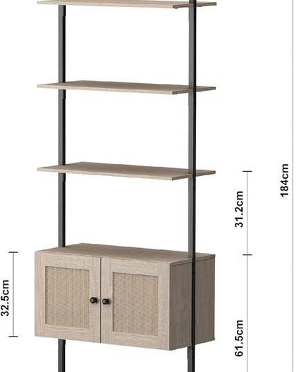 Panana Modern 3 Tier Bookcase with Rattan Cabinet in Light Oak Finish with Matte Black Metal Frame for Living Room, Home Office Storage (Light Oak, 3-Tier) - LeafyLoom