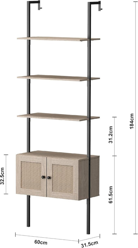 Panana Modern 3 Tier Bookcase with Rattan Cabinet in Light Oak Finish with Matte Black Metal Frame for Living Room, Home Office Storage (Light Oak, 3-Tier) - LeafyLoom