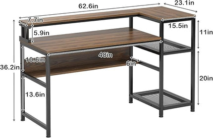 soges 62 Inch Computer Desk with Elevated Monitor Shelf, Home Office Desk with Storage Shelves, CPU Stand, Study Writing Table Workstation with Printer Stand - LeafyLoom