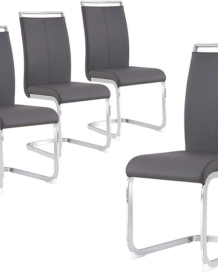 Dining Chairs Set, Kitchen Modern Metal Chairs with Faux Leather Padded Seat High Back and Sturdy Chrome Legs, Chairs for Dining Room (Grey, Set of 4) - LeafyLoom