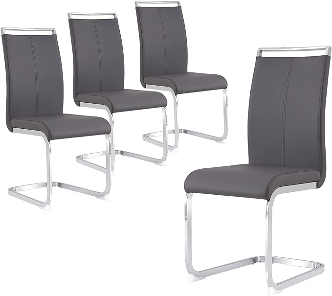 Dining Chairs Set, Kitchen Modern Metal Chairs with Faux Leather Padded Seat High Back and Sturdy Chrome Legs, Chairs for Dining Room (Grey, Set of 4) - LeafyLoom