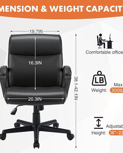 Sweetcrispy Executive Office Chair with Padded Armrests Mid Back Lumbar Support and Adjustable Height & Tilt Angle, PU Leather Swivel Rolling, Modern Black - LeafyLoom