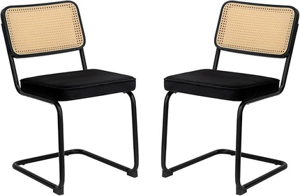 Dining Chairs Set of 2, Velvet Rattan Side Accent Chairs with Chrome Legs, Modern Mid Century Breuer Designed Chairs, Upholstered Dining Living Room Kitchen Chairs (Black-2pcs) - LeafyLoom