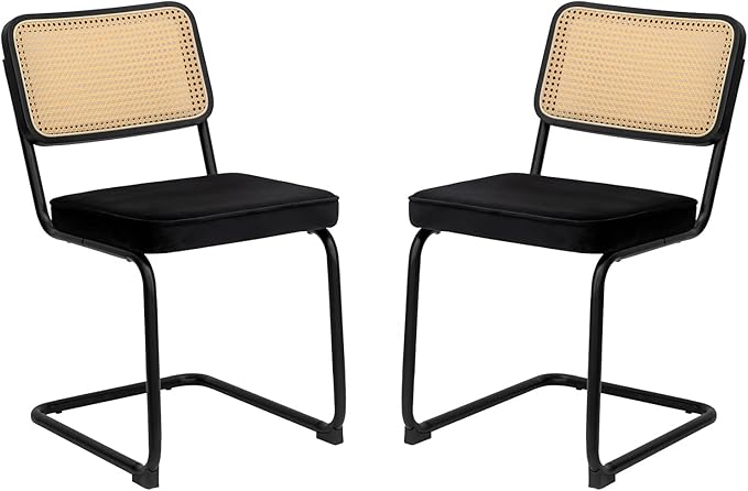 Dining Chairs Set of 2, Velvet Rattan Side Accent Chairs with Chrome Legs, Modern Mid Century Breuer Designed Chairs, Upholstered Dining Living Room Kitchen Chairs (Black-2pcs) - LeafyLoom