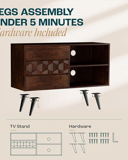 Bme Georgina 45 Inch Solid Wood TV Stand & Signature Queen Bed Frame with Handcrafted Geometric Headboard, Walnut - LeafyLoom