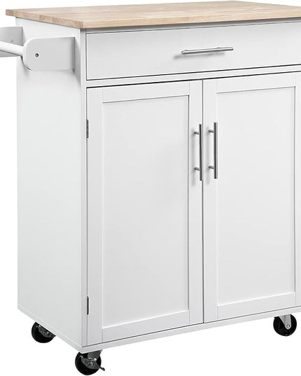 HOMCOM Kitchen Island Cart Rolling Trolley Cart with Drawer, Storage Cabinet & Towel Rack, White - LeafyLoom