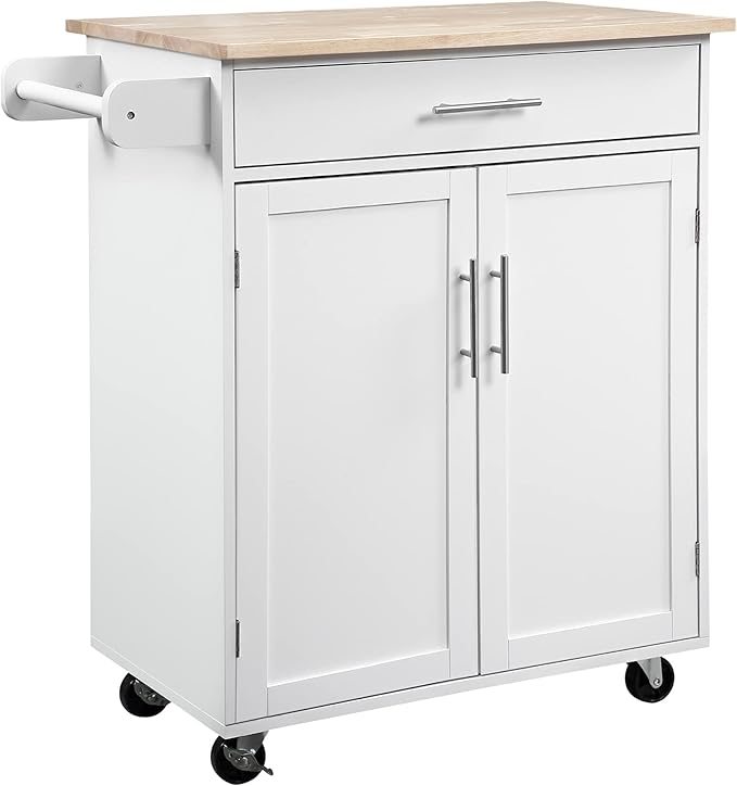 HOMCOM Kitchen Island Cart Rolling Trolley Cart with Drawer, Storage Cabinet & Towel Rack, White - LeafyLoom