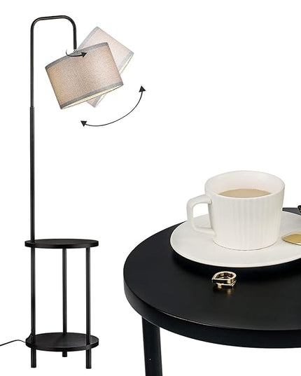 ELYONA Modern Floor Lamp for Living Room, Rubber Wood Side Table Lamp with Grey Fabric Drum Shade, End Table Tall Pole Standing Light for Bedroom, Office, Apartment, LED Bulb Included, Matte Black - LeafyLoom