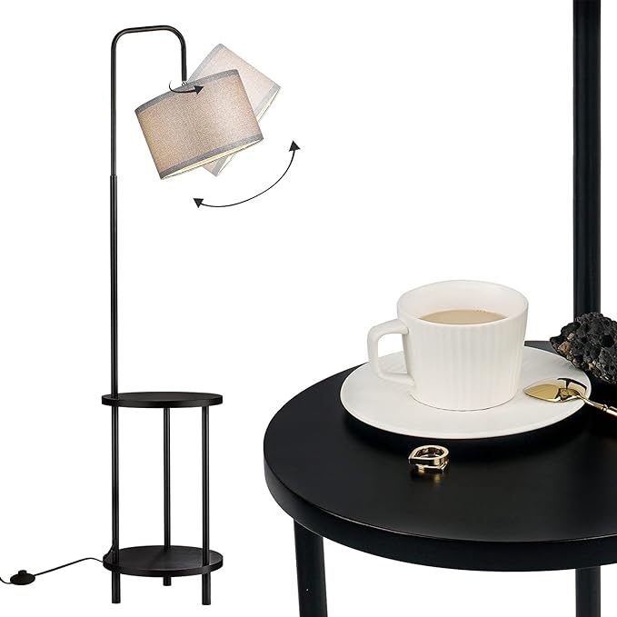 ELYONA Modern Floor Lamp for Living Room, Rubber Wood Side Table Lamp with Grey Fabric Drum Shade, End Table Tall Pole Standing Light for Bedroom, Office, Apartment, LED Bulb Included, Matte Black - LeafyLoom