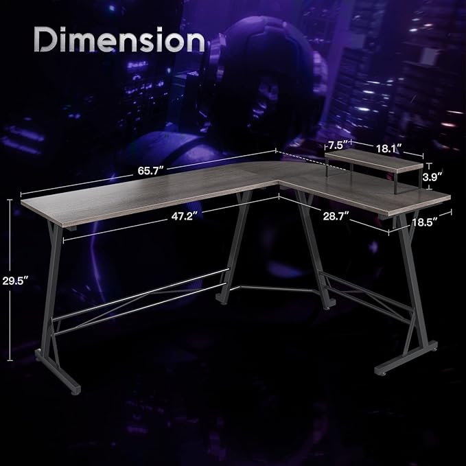 Casaottima Gaming Desk L Shaped Computer Desk, Corner Desk for Home Office with Monitor Stand 66", Gray Oak - LeafyLoom