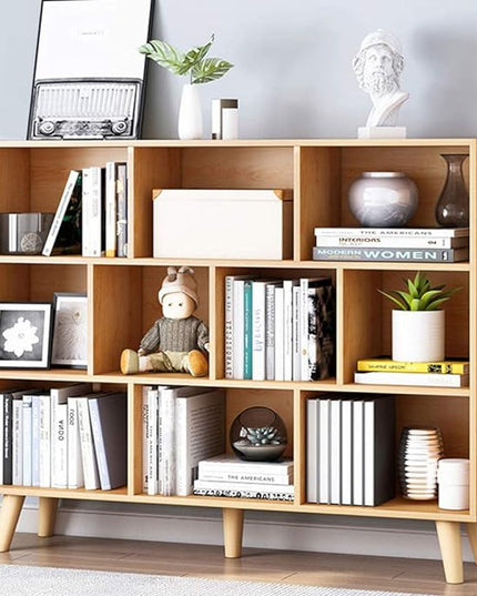 IOTXY Wooden Open Shelf Bookcase - 3-Tier Floor Standing Display Cabinet Rack with Legs, 10 Cubes Bookshelf, Pear Yellow - LeafyLoom