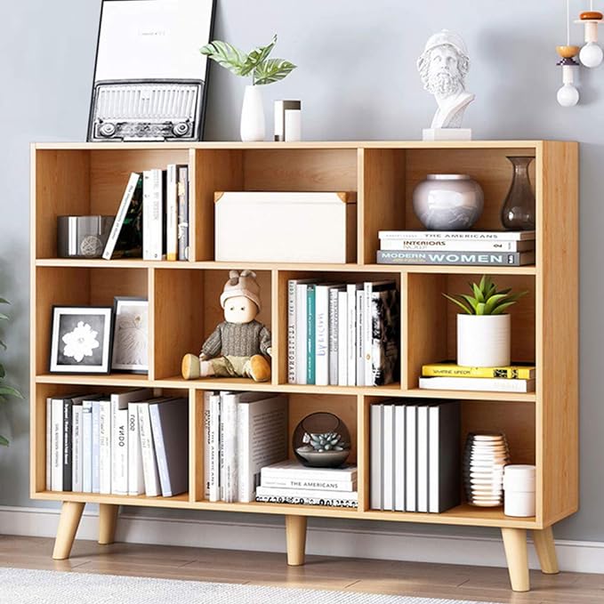 IOTXY Wooden Open Shelf Bookcase - 3-Tier Floor Standing Display Cabinet Rack with Legs, 10 Cubes Bookshelf, Pear Yellow - LeafyLoom