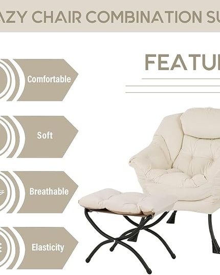 LITA Lazy Chair with Ottoman, Modern Accent Leisure Upholstered Sofa Chair, Contemporary Lounge Reading Chair with Armrests and a Side Pocket for Living Room, Bedroom & Small Space, Beige - LeafyLoom