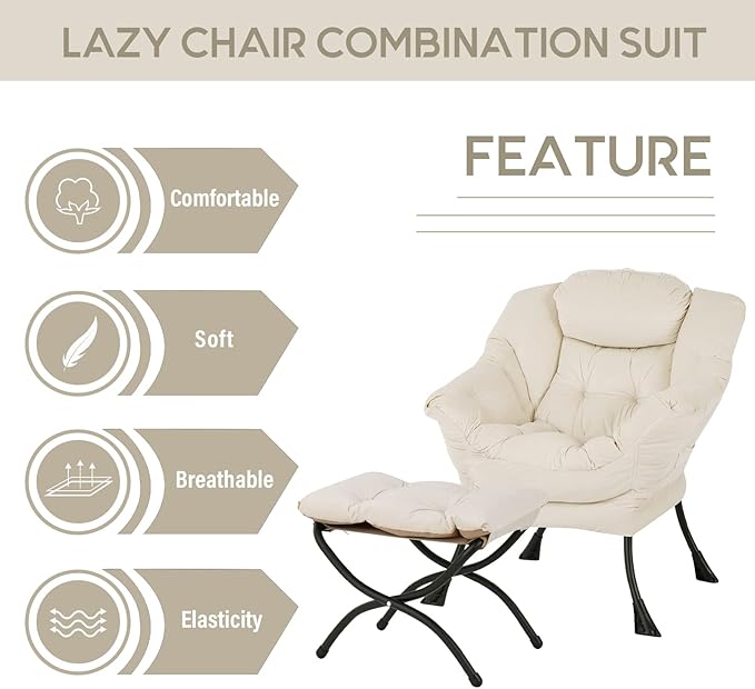 LITA Lazy Chair with Ottoman, Modern Accent Leisure Upholstered Sofa Chair, Contemporary Lounge Reading Chair with Armrests and a Side Pocket for Living Room, Bedroom & Small Space, Beige - LeafyLoom