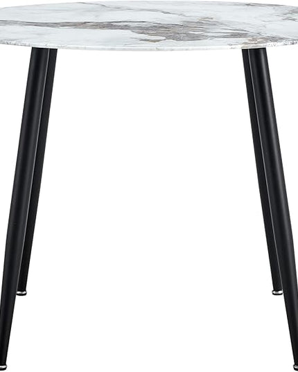 NicBex Modern Round Minimalist Circular Dining Table with A Diameter of 40 Inches, a 0.3 Inch Thick White Imitation Marble Pattern Tabletop and Black Metal Legs, White - LeafyLoom