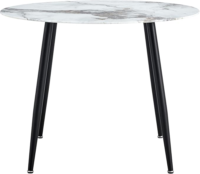 NicBex Modern Round Minimalist Circular Dining Table with A Diameter of 40 Inches, a 0.3 Inch Thick White Imitation Marble Pattern Tabletop and Black Metal Legs, White - LeafyLoom