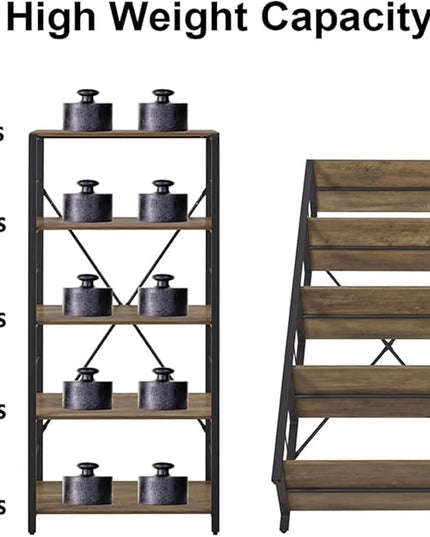 FOLUBAN 5 Tier Tall Bookshelf, Industrial Vintage Book Shelf, Rustic Wood and Metal Bookcase for Home Office Bedroom, Oak - LeafyLoom