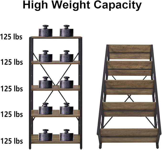 FOLUBAN 5 Tier Tall Bookshelf, Industrial Vintage Book Shelf, Rustic Wood and Metal Bookcase for Home Office Bedroom, Oak - LeafyLoom
