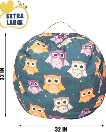 Stuffed Animal Storage Bean Bag Chair Cover, Hold Kids Plush Toys Blankets Towels Beanbag (Cover Only), Canvas Floor Circle Stuff Sit Seat Sofa with YKK Zipper, Large 32", Owl - LeafyLoom