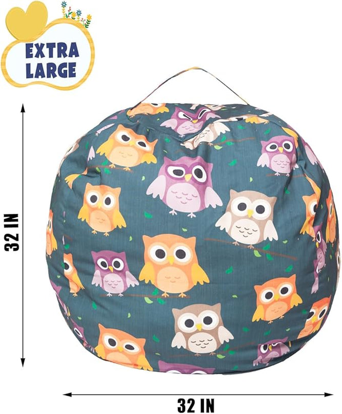 Stuffed Animal Storage Bean Bag Chair Cover, Hold Kids Plush Toys Blankets Towels Beanbag (Cover Only), Canvas Floor Circle Stuff Sit Seat Sofa with YKK Zipper, Large 32", Owl - LeafyLoom