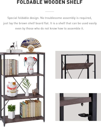 Bookshelf,4-Tier Folding Bookcase,Industrial Book Shelf,Rustic Wood Storage Shelves,Tall Bookshelf,Shelves For Bedroom,Office,Kitchen,Living Room,Study Room,No Assembly Folding Bookshelf,Black - LeafyLoom