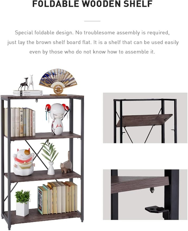 Bookshelf,4-Tier Folding Bookcase,Industrial Book Shelf,Rustic Wood Storage Shelves,Tall Bookshelf,Shelves For Bedroom,Office,Kitchen,Living Room,Study Room,No Assembly Folding Bookshelf,Black - LeafyLoom