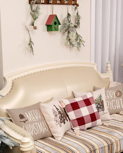 GEEORY Christmas Pillow Covers 16 x 16 Inch Set of 4, Striped Wooden Tree Snow Sleigh Merry Bright Xmas Holiday Decor Decorative Throw Cushion Case Decoration for Home Party Sofa Couch (Brown) GEEORY