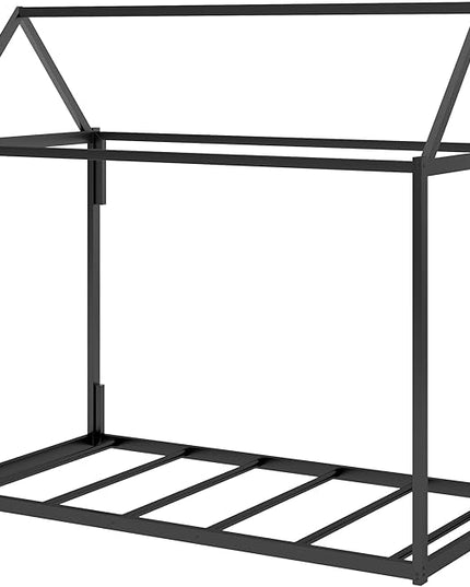 Metal Twin Size Montessori Floor Bed for Kids,Floor Bed Twin,House Bed with Slats for Boys Girls,Metal House Shape Platform Bed,No Spring Box Required,Black - LeafyLoom