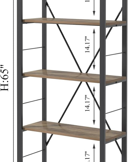 FOLUBAN 5 Tier Tall Bookshelf, Industrial Vintage Book Shelf, Rustic Wood and Metal Bookcase for Home Office Bedroom, Oak - LeafyLoom