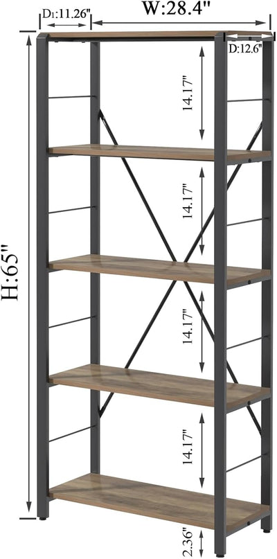 FOLUBAN 5 Tier Tall Bookshelf, Industrial Vintage Book Shelf, Rustic Wood and Metal Bookcase for Home Office Bedroom, Oak - LeafyLoom