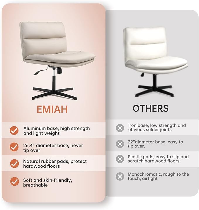 EMIAH Armless Office Desk Chair No Wheels PU-Padded Vanity Mid-Back Ergonomic Home Computer Comfortable Adjustable Swivel Task Chair with Thickened Cushion - LeafyLoom
