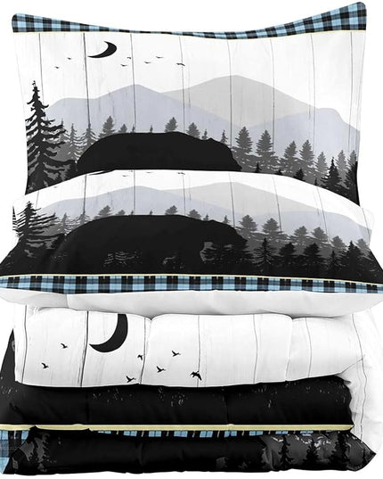 LUVIVIHOME 3PCS Bear Comforter Set King Size, Rustic Cabin Bedding Quilt, Blue Black Plaid Mountain Tree Forest Animal Wildlife Hunting Hunter Lodge Country Farmhouse Bedroom Decor, 2 Pillow Shams - LeafyLoom