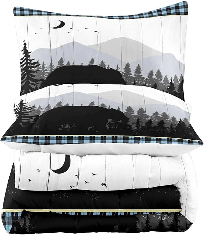 LUVIVIHOME 3PCS Bear Comforter Set King Size, Rustic Cabin Bedding Quilt, Blue Black Plaid Mountain Tree Forest Animal Wildlife Hunting Hunter Lodge Country Farmhouse Bedroom Decor, 2 Pillow Shams - LeafyLoom