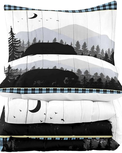 LUVIVIHOME 3PCS Bear Comforter Set Full Size, Rustic Cabin Bedding Quilt, Blue Black Plaid Mountain Tree Forest Animal Wildlife Hunting Hunter Lodge Country Farmhouse Bedroom Decor, 2 Pillow Shams - LeafyLoom