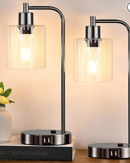 Industrial Touch Control Table Lamps Set of 2 - Black Nickel Bedside Lamps with 2 USB Ports & AC Outlet, 3-Way Dimmable Nightstand Desk Lamp for Bedroom Living Room, Glass Shade & 2 LED Bulbs Included - LeafyLoom