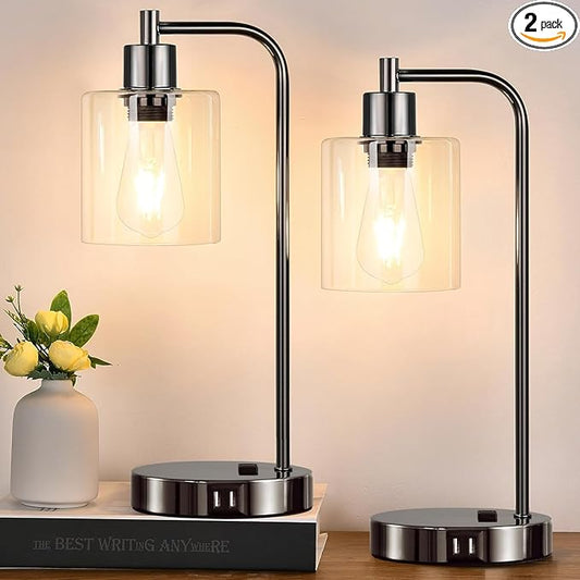 Industrial Touch Control Table Lamps Set of 2 - Black Nickel Bedside Lamps with 2 USB Ports & AC Outlet, 3-Way Dimmable Nightstand Desk Lamp for Bedroom Living Room, Glass Shade & 2 LED Bulbs Included - LeafyLoom