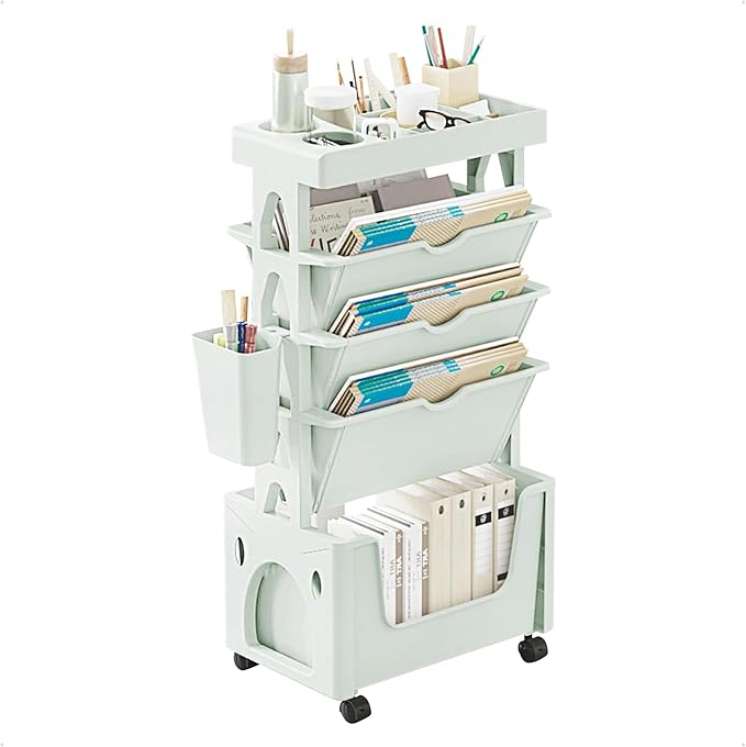 5 Tier Book Rack Storage Bookshelf, Removable Movable Unique Bookcase, Mobile Bookshelf with Wheels Utility Organizer Bookshelves for Kids Children Students Study in Bedroom Living Room School (Green) - LeafyLoom