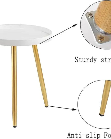 Round Side Table Wooden Tray Table with Metal Tripod Stand Nightstand Coffee Table End Table for Living Room Bedroom Office Small Spaces, 18" H x 15”D (White & Gold) - LeafyLoom