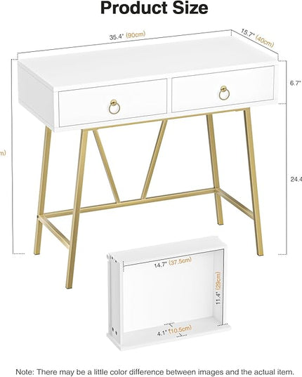 Anmytek Modern Home Office Desk, 35.4 Inch Makeup Vanity Table White Study Desk 2 Drawers Writing Desk Computer Desk with Golden Legs, D0002 - LeafyLoom