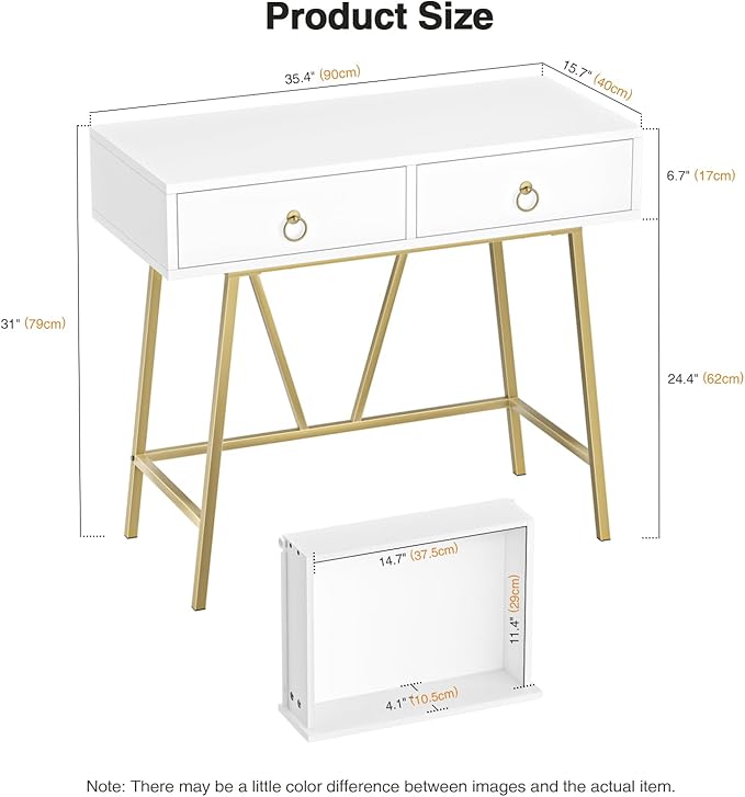 Anmytek Modern Home Office Desk, 35.4 Inch Makeup Vanity Table White Study Desk 2 Drawers Writing Desk Computer Desk with Golden Legs, D0002 - LeafyLoom