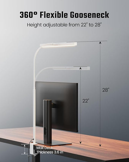 SUPERDANNY LED Desk Lamp for Home Office, Eye-Caring Desk Light with Adjustable Gooseneck, 12W Touch Control Dimmable Brightness, Architect Clamp Lamp with USB Adapter, White - LeafyLoom