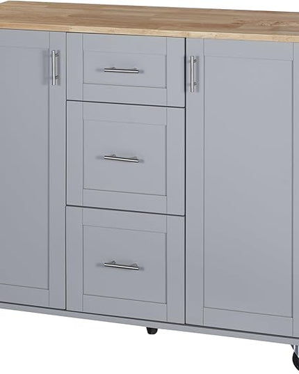 50Inch Rolling Kitchen Island Cart with Internal Cabinet, 3 Drawers and Storage Shelf, Kitchen-Island Table on Wheels w/Rubber Wood Top, Spice Rack, for Dining Room House Bar - LeafyLoom