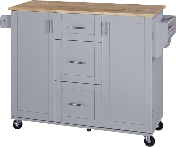 50Inch Rolling Kitchen Island Cart with Internal Cabinet, 3 Drawers and Storage Shelf, Kitchen-Island Table on Wheels w/Rubber Wood Top, Spice Rack, for Dining Room House Bar - LeafyLoom